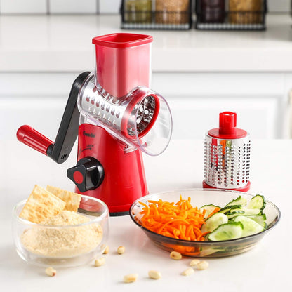 Geedel Rotary Cheese Grater, Kitchen Mandoline Vegetable Slicer with 3 Interchangeable Blades, Easy to Clean Grater for Fruit, Vegetables, Nuts