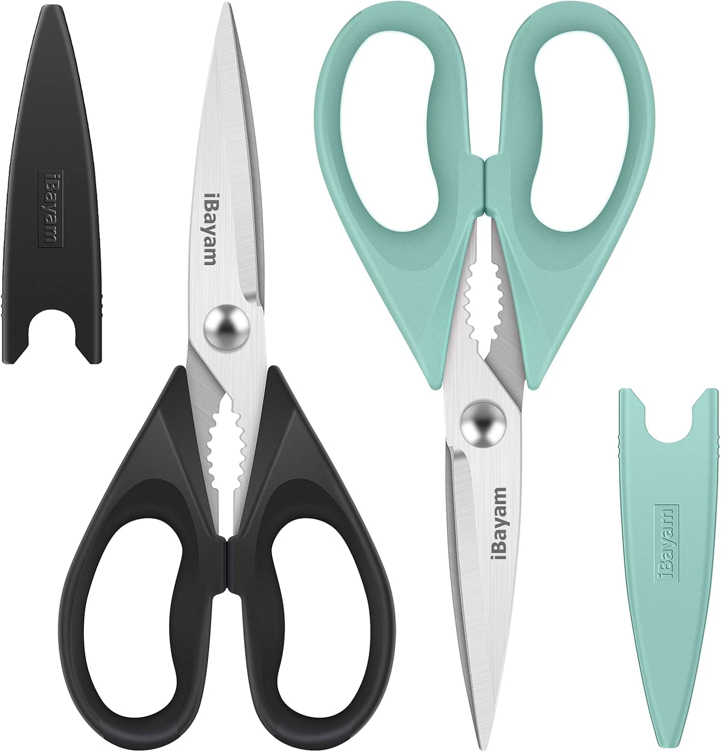 iBayam Kitchen Scissors All Purpose Heavy Duty Meat Poultry Shears, Dishwasher Safe Food Cooking Scissors Stainless Steel Utility Scissors, 2-Pack (Black Red, Black Gray)