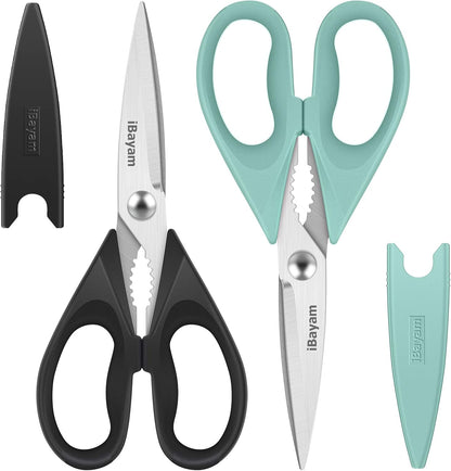 iBayam Kitchen Scissors All Purpose Heavy Duty Meat Poultry Shears, Dishwasher Safe Food Cooking Scissors Stainless Steel Utility Scissors, 2-Pack (Black Red, Black Gray)