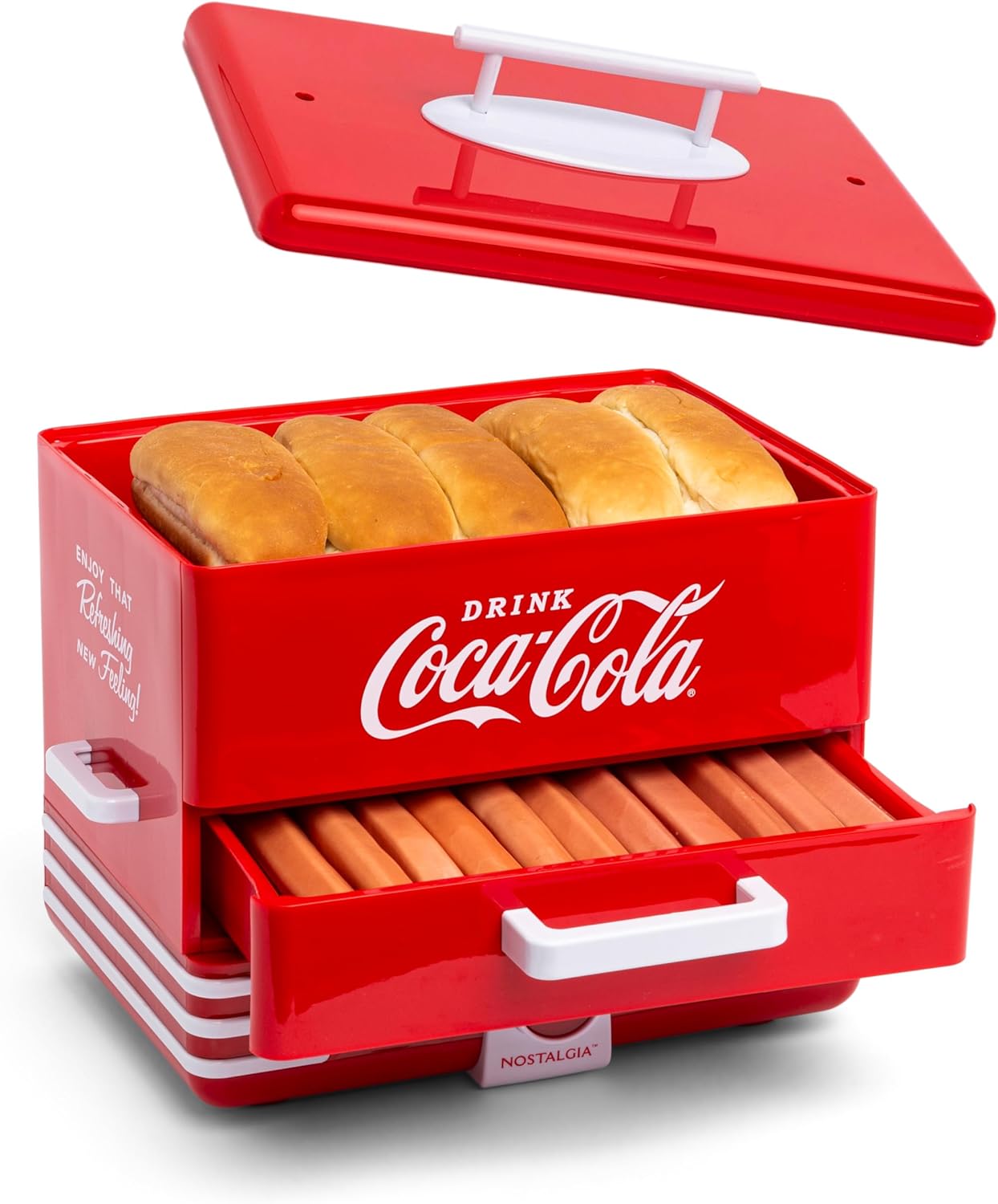 Nostalgia Extra Large Diner-Style Coca-Cola Hot Dog Steamer and Bun Warmer, 24 Hot Dog and 12 Bun Capacity, Steam Bratwursts, Sausages, Vegetables, Fish, Dumplings, Red
