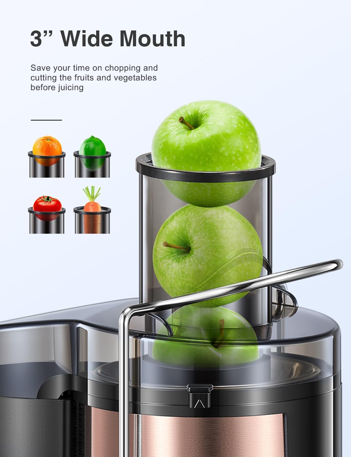 Qcen Juicer Machine, 800W Centrifugal Juicer Extractor with Wide Mouth 3” Feed Chute for Fruit Vegetable, Easy to Clean, Stainless Steel, BPA-free (Black)