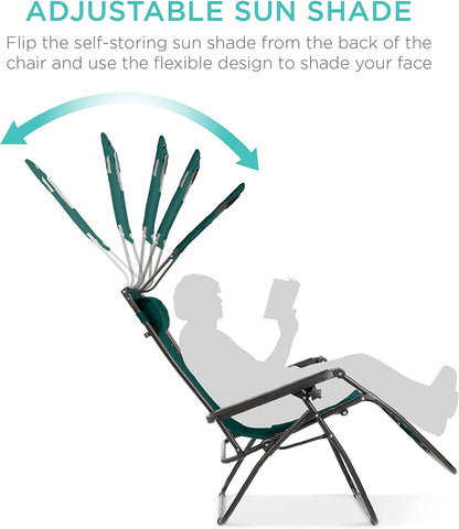 Folding Zero Gravity Outdoor Recliner Patio Lounge Chair w/Adjustable Canopy Shade, Headrest, Side Accessory Tray, Textilene Mesh - Beige