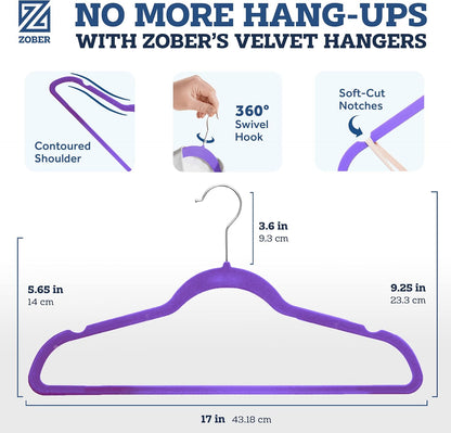 Zober Velvet Hangers 50 Pack - Heavy Duty Black Hangers for Coats, Pants & Dress Clothes - Non Slip Clothes Hanger Set - Space Saving Felt Hangers for Clothing