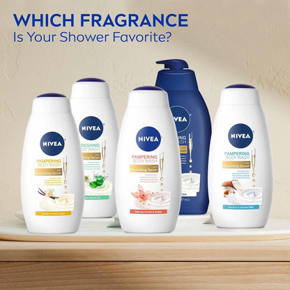 NIVEA Coconut and Almond Milk Pampering Body Wash, Moisturizing Body Wash with Nourishing Serum, Plant-Derived Oils, Essential Skin Lipids and Vitamins, 20 Fl Oz Bottle