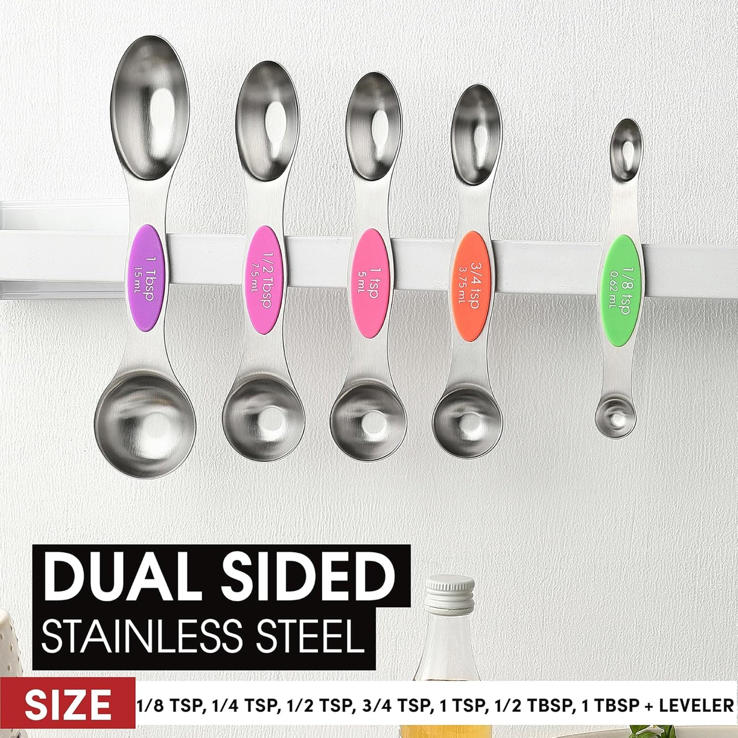 Spring Chef Magnetic Measuring Spoons Set with Strong N45 Magnets, Heavy Duty Stainless Steel Metal, Fits in Most Kitchen Spice Jars for Baking & Cooking, BPA Free, Black, Set of 8 with Leveler