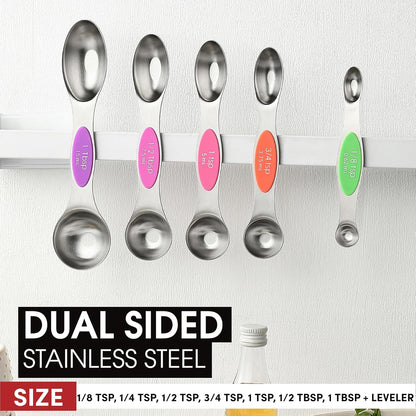 Spring Chef Magnetic Measuring Spoons Set with Strong N45 Magnets, Heavy Duty Stainless Steel Metal, Fits in Most Kitchen Spice Jars for Baking & Cooking, BPA Free, Black, Set of 8 with Leveler
