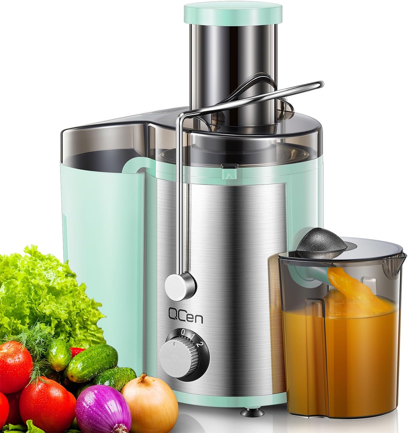 Qcen Juicer Machine, 800W Centrifugal Juicer Extractor with Wide Mouth 3” Feed Chute for Fruit Vegetable, Easy to Clean, Stainless Steel, BPA-free (Black)