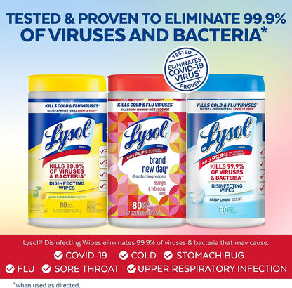 Lysol Disinfectant Wipes Bundle, Multi-Surface Antibacterial Cleaning Wipes, For Disinfecting & Cleaning, contains x2 Lemon & Lim Blossom (80ct) x1 Crisp Linen (80 Ct) & x1 Mango & Hibiscus (80 Ct)
