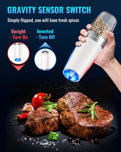Sweet Alice Gravity Electric Pepper and Salt Grinder Set, Adjustable Coarseness, Battery Powered with LED Light, One Hand Automatic Operation, Stainless Steel Black, 2 Pack