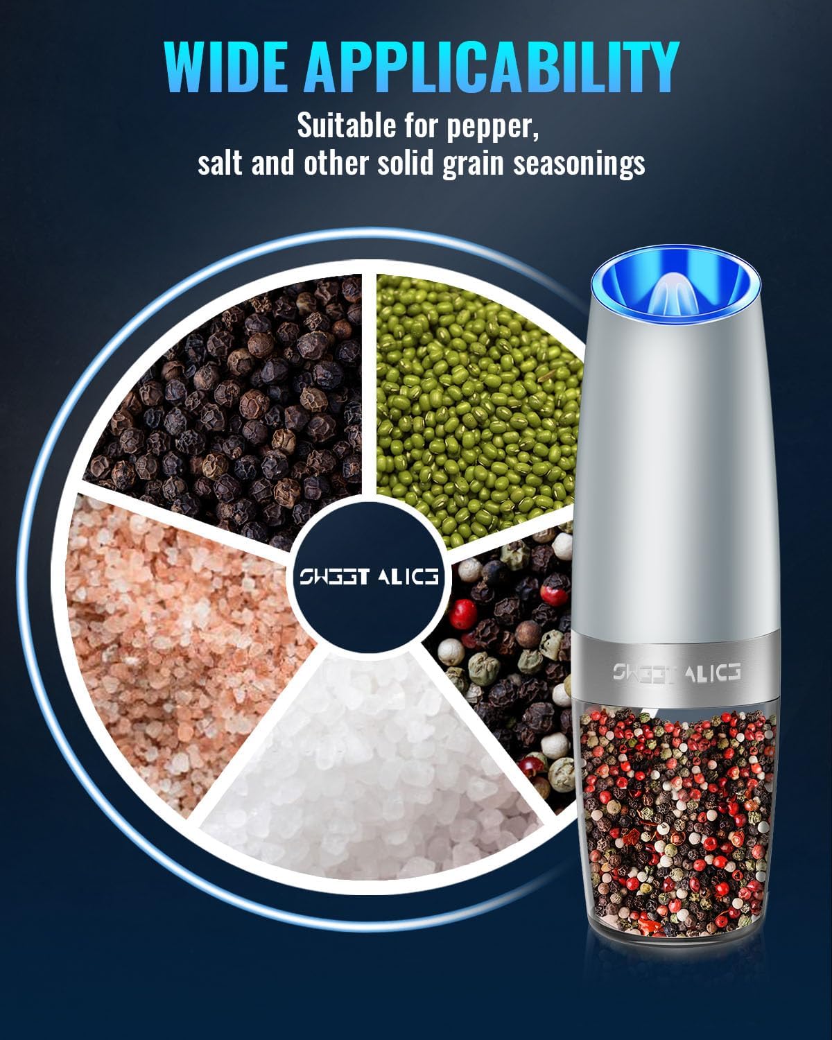 Sweet Alice Gravity Electric Pepper and Salt Grinder Set, Adjustable Coarseness, Battery Powered with LED Light, One Hand Automatic Operation, Stainless Steel Black, 2 Pack
