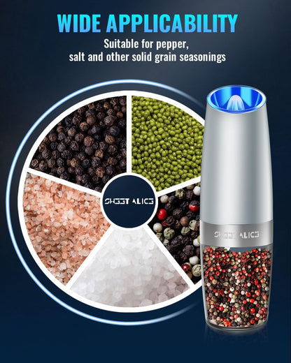 Sweet Alice Gravity Electric Pepper and Salt Grinder Set, Adjustable Coarseness, Battery Powered with LED Light, One Hand Automatic Operation, Stainless Steel Black, 2 Pack