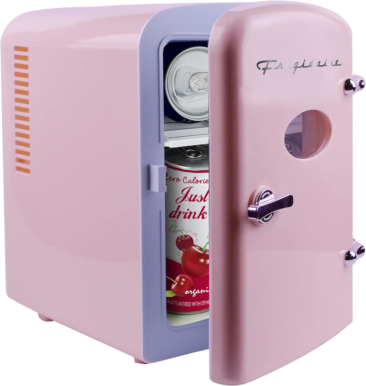 Frigidaire Retro Mini Fridge Cooler, 4L Capacity Chills 6 12oz Cans, 100% Freon-Free & Eco Friendly, Portable Fridge for Car, Office, Bedroom, Dorm Room, or Cabin - 9.84"D x 7.09"W x 10.35"H (Pink)