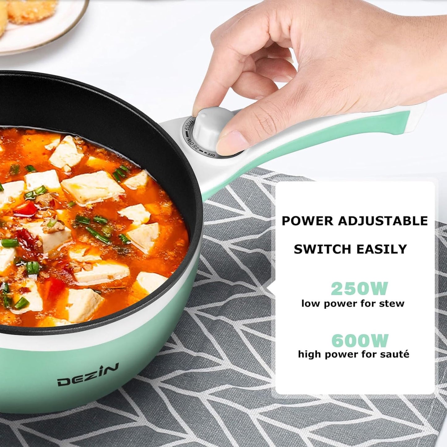 Dezin Hot Pot Electric Upgraded, Non-Stick Sauté Pan, Rapid Noodles Electric Pot, 1.5L Mini Portable Hot Pot for Steak, Egg, Fried Rice, Ramen, Oatmeal, Soup with Power Adjustment(Egg Rack Included)