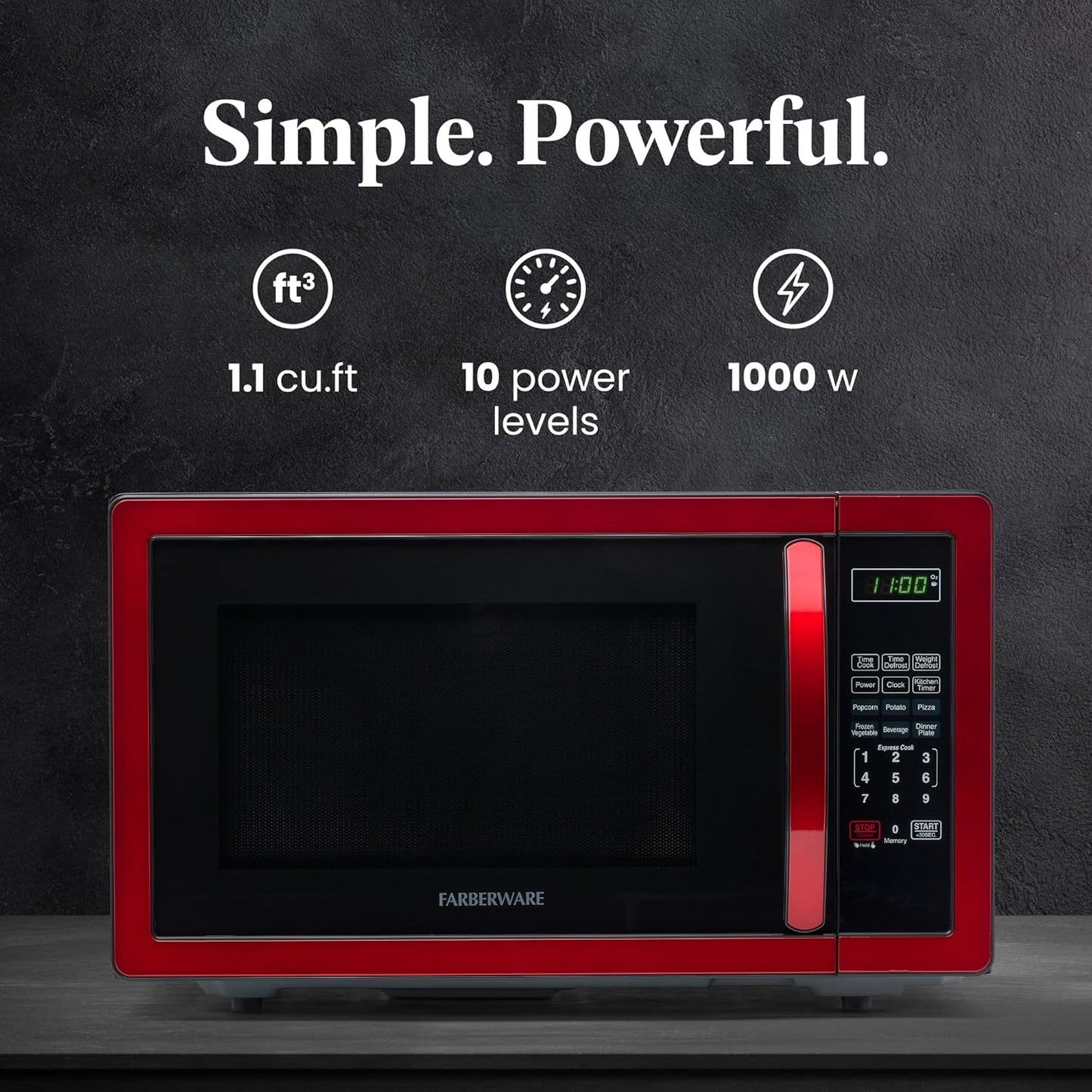 Farberware Countertop Microwave 1000 Watts, 1.1 cu ft - Microwave Oven With LED Lighting and Child Lock - Perfect for Apartments and Dorms - Easy Clean Stainless Steel