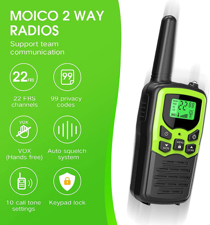 Walkie Talkies, MOICO Long Range Walkie Talkies for Adults with 22 FRS Channels, Family Walkie Talkie with LED Flashlight VOX LCD Display for Hiking Camping Trip (Orange 2 Pack)