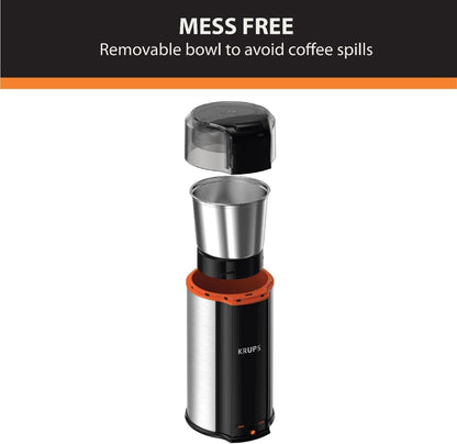 Krups One-Touch Coffee and Spice Grinder 3 Ounce Bean Hopper Easy to Use, One Touch Operation 200 Watts Coffee, Spices, Dry Herbs, Nuts, 12 Cup Black