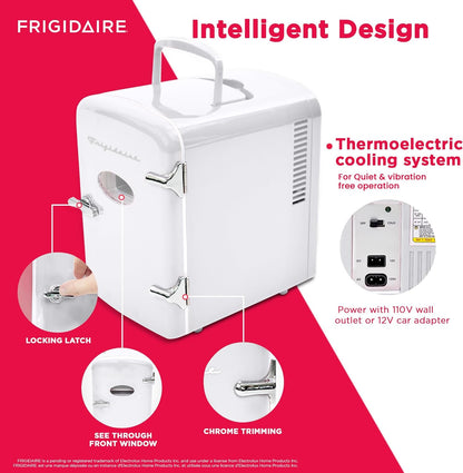 Frigidaire Retro Mini Fridge Cooler, 4L Capacity Chills 6 12oz Cans, 100% Freon-Free & Eco Friendly, Portable Fridge for Car, Office, Bedroom, Dorm Room, or Cabin - 9.84"D x 7.09"W x 10.35"H (Pink)