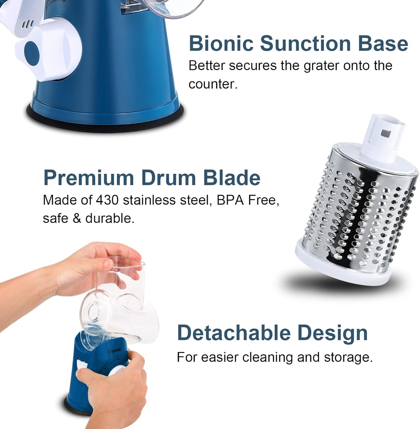 Geedel Rotary Cheese Grater, Kitchen Mandoline Vegetable Slicer with 3 Interchangeable Blades, Easy to Clean Grater for Fruit, Vegetables, Nuts
