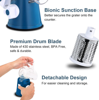 Geedel Rotary Cheese Grater, Kitchen Mandoline Vegetable Slicer with 3 Interchangeable Blades, Easy to Clean Grater for Fruit, Vegetables, Nuts