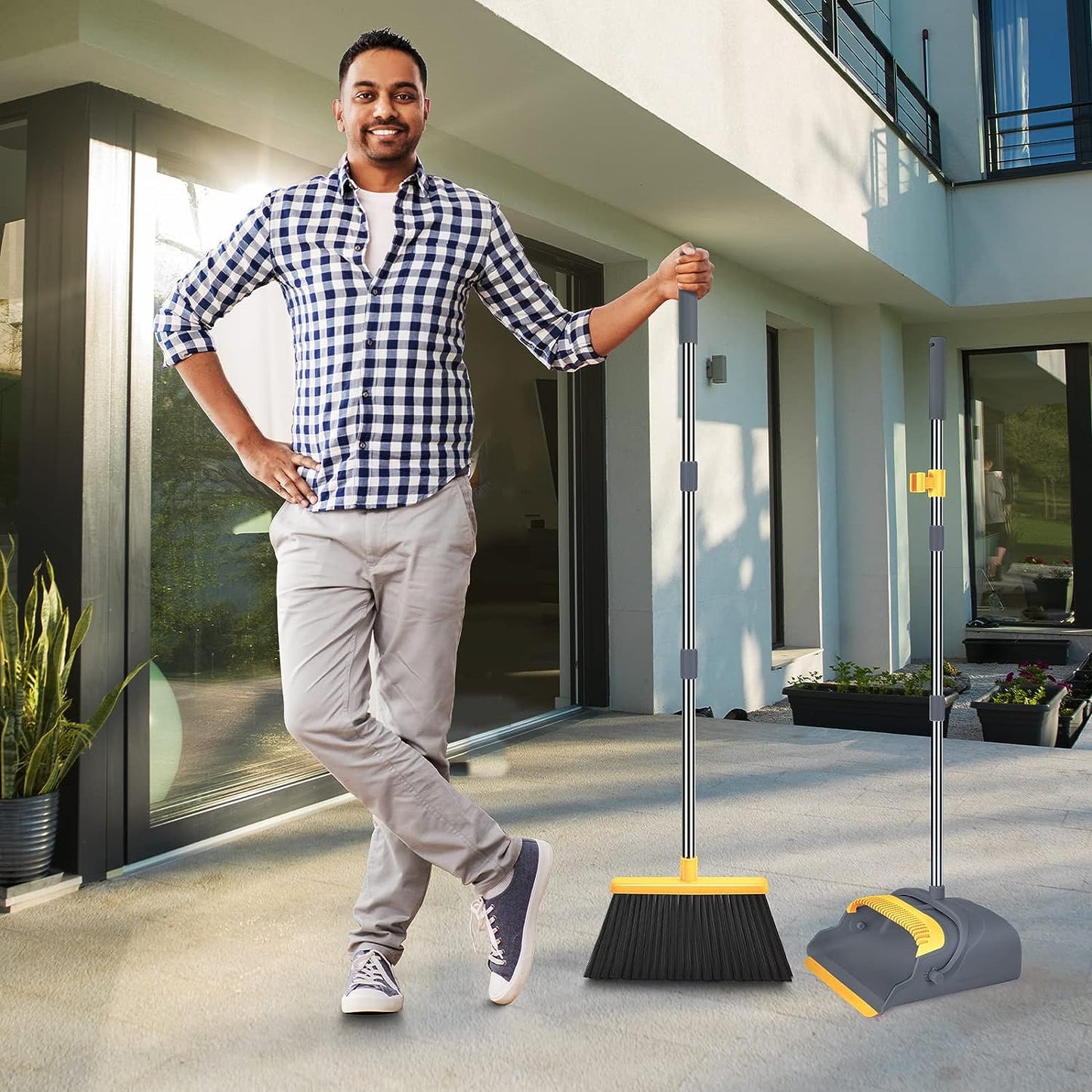 kelamayi Upgrade Stand Up Broom and Dustpan Set, Self-Cleaning with Dustpan Teeth, Ideal for Dog Cat Pets Home Use, Super Long Handle (Gray&Orange)