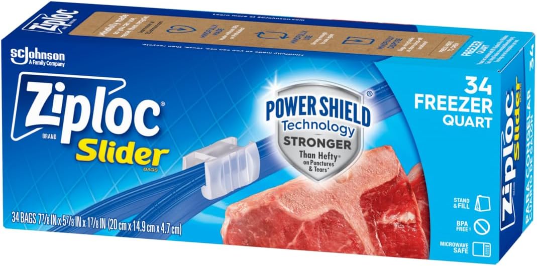 Ziploc Quart Food Storage Freezer Slider Bags, Power Shield Technology for More Durability, 34 Count
