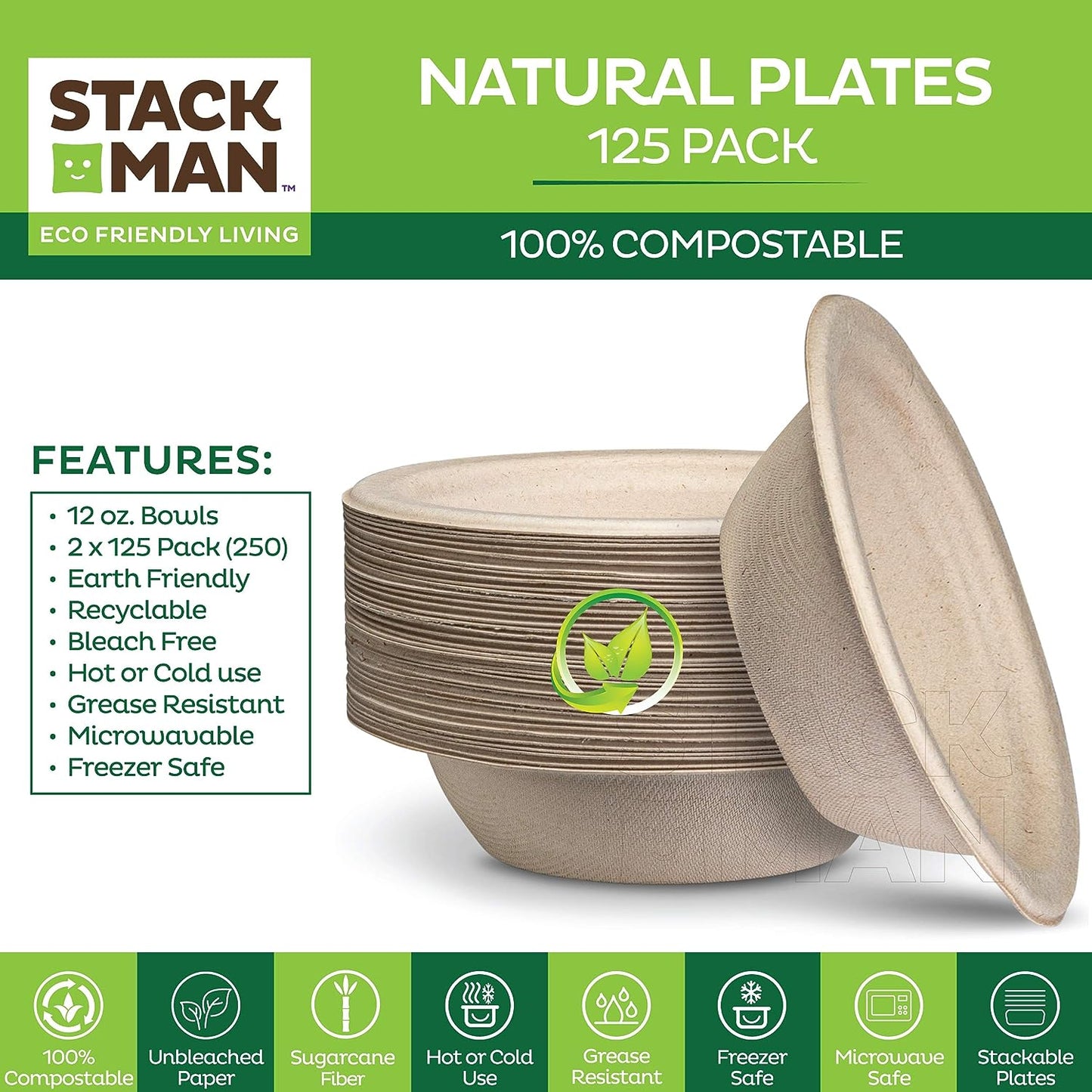 Paper Plates, 100% Compostable Heavy Duty Disposable Plate - [125-Pack] - {PFAS-Free} - {BPI Certified} - [9 Inch] Eco-Friendly, Biodegradable Bagasse Natural Brown 9" Dinner Plates - By Stack Man