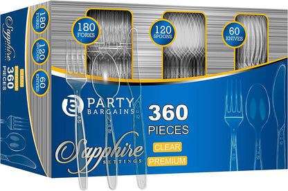Party Bargains Disposable Cutlery set, SAPPHIRE Design, Clear Color, 360 Pieces: 180 Forks, 120 Spoons, 60 Knives