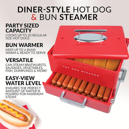 Nostalgia Extra Large Diner-Style Coca-Cola Hot Dog Steamer and Bun Warmer, 24 Hot Dog and 12 Bun Capacity, Steam Bratwursts, Sausages, Vegetables, Fish, Dumplings, Red