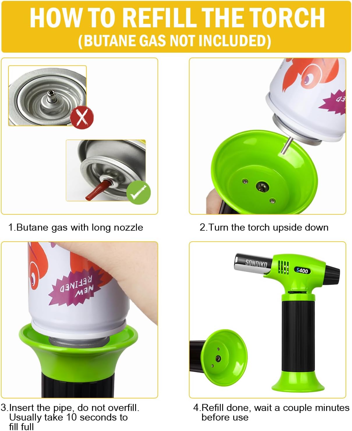 Sondiko Butane Torch S400, Refillable Kitchen Torch Lighter, Fit All Butane Tanks Blow Torch with Safety Lock and Adjustable Flame for Desserts, Creme Brulee, and Baking—Butane Gas Is Not Included