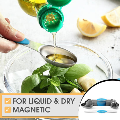 Spring Chef Magnetic Measuring Spoons Set with Strong N45 Magnets, Heavy Duty Stainless Steel Metal, Fits in Most Kitchen Spice Jars for Baking & Cooking, BPA Free, Black, Set of 8 with Leveler