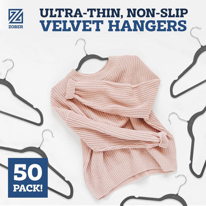 Zober Velvet Hangers 50 Pack - Heavy Duty Black Hangers for Coats, Pants & Dress Clothes - Non Slip Clothes Hanger Set - Space Saving Felt Hangers for Clothing