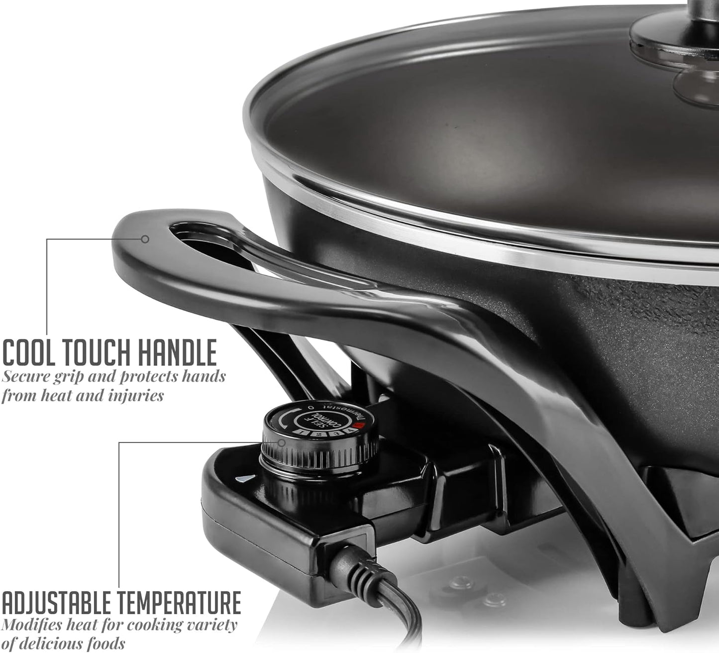OVENTE 12 Inch Electric Skillet and Frying Pan with Nonstick Coating, 1400W Power, Adjustable Temperature Control, Tempered Glass Lid with Vent and Cool Touch Handles, Black SK11112B