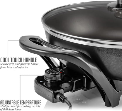OVENTE 12 Inch Electric Skillet and Frying Pan with Nonstick Coating, 1400W Power, Adjustable Temperature Control, Tempered Glass Lid with Vent and Cool Touch Handles, Black SK11112B