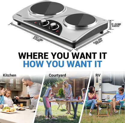 CUSIMAX Electric Hot Plate for Cooking Portable Single Burner 1500W Cast Iron hot plates Heat-up in Seconds Adjustable Temperature Control Stainless Steel Non-Slip Rubber Feet Upgraded Version B101