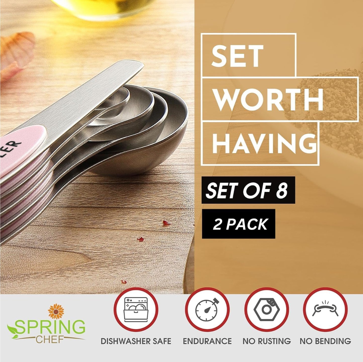 Spring Chef Magnetic Measuring Spoons Set with Strong N45 Magnets, Heavy Duty Stainless Steel Metal, Fits in Most Kitchen Spice Jars for Baking & Cooking, BPA Free, Black, Set of 8 with Leveler