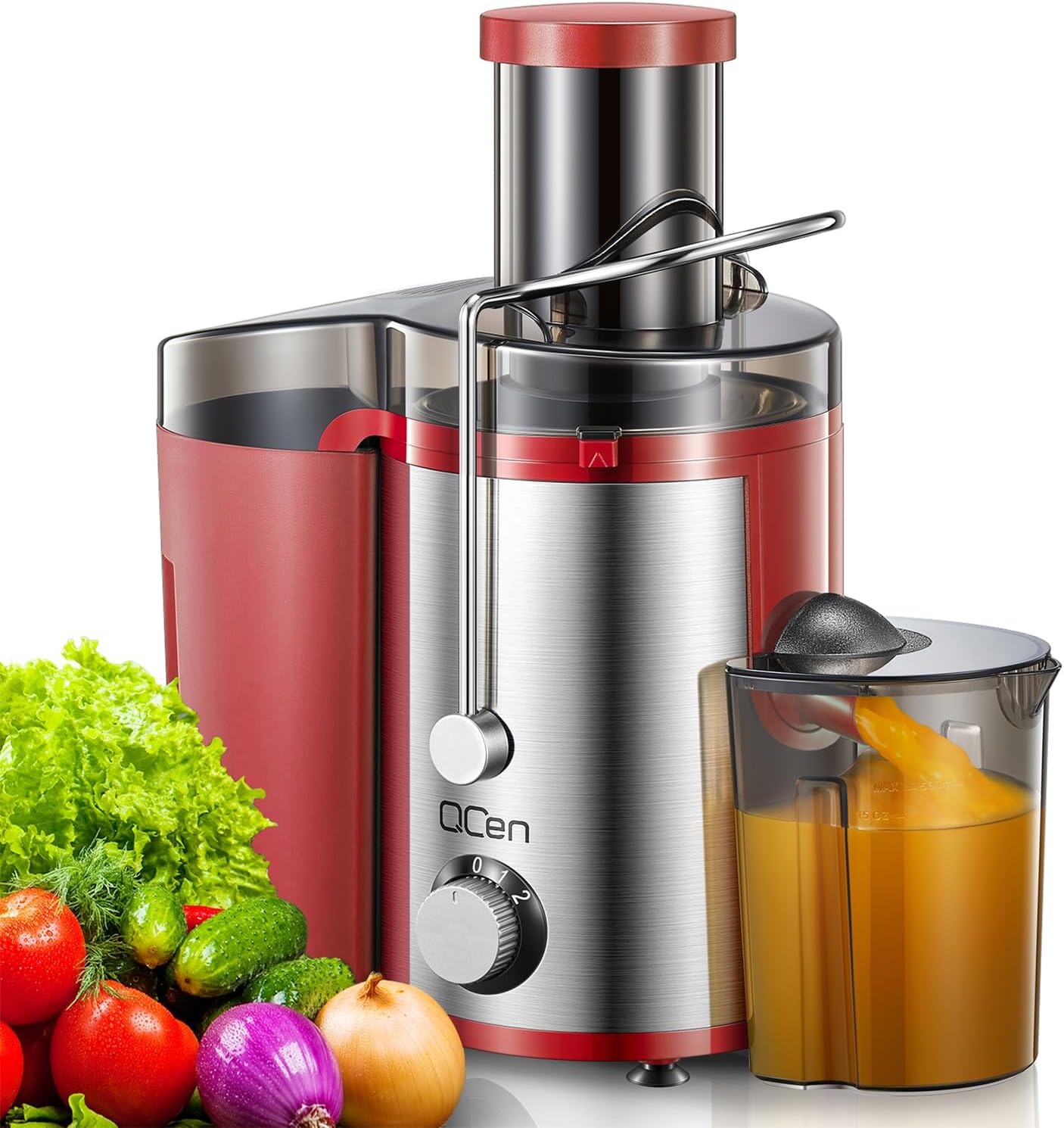 Qcen Juicer Machine, 800W Centrifugal Juicer Extractor with Wide Mouth 3” Feed Chute for Fruit Vegetable, Easy to Clean, Stainless Steel, BPA-free (Black)