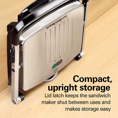 Hamilton Beach Panini Press Sandwich Maker & Electric Indoor Grill with Locking Lid, Opens 180 Degrees for any Thickness for Quesadillas, Burgers & More, Nonstick 8" x 10" Grids, Chrome (25460AG)