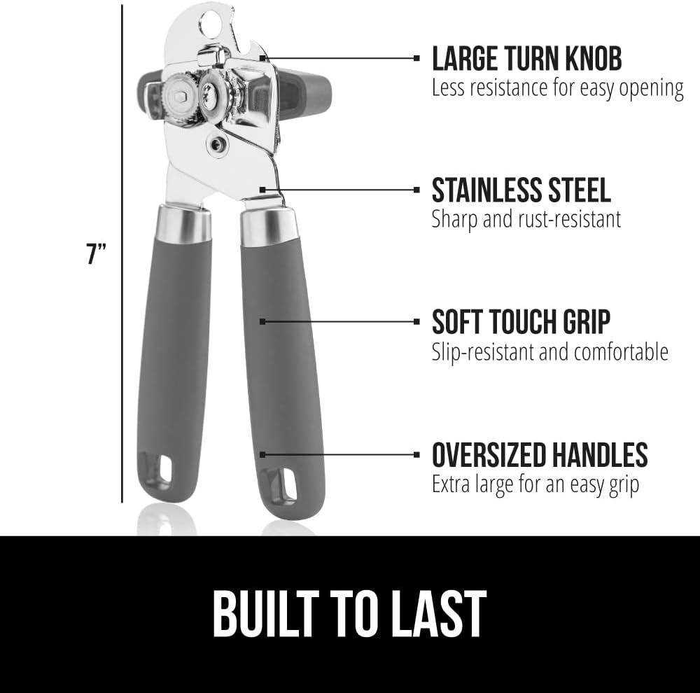 The Original Gorilla Grip Heavy Duty Stainless Steel Smooth Edge Manual Can Opener and Bottle Openers, Soft Handle, Rust Proof Oversized Handheld Easy Turn Knob, Multifunctional Kitchen Tool, Black
