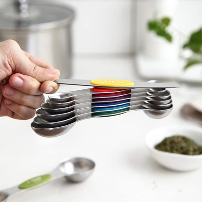Spring Chef Magnetic Measuring Spoons Set with Strong N45 Magnets, Heavy Duty Stainless Steel Metal, Fits in Most Kitchen Spice Jars for Baking & Cooking, BPA Free, Black, Set of 8 with Leveler
