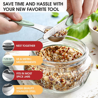 Spring Chef Magnetic Measuring Spoons Set with Strong N45 Magnets, Heavy Duty Stainless Steel Metal, Fits in Most Kitchen Spice Jars for Baking & Cooking, BPA Free, Black, Set of 8 with Leveler