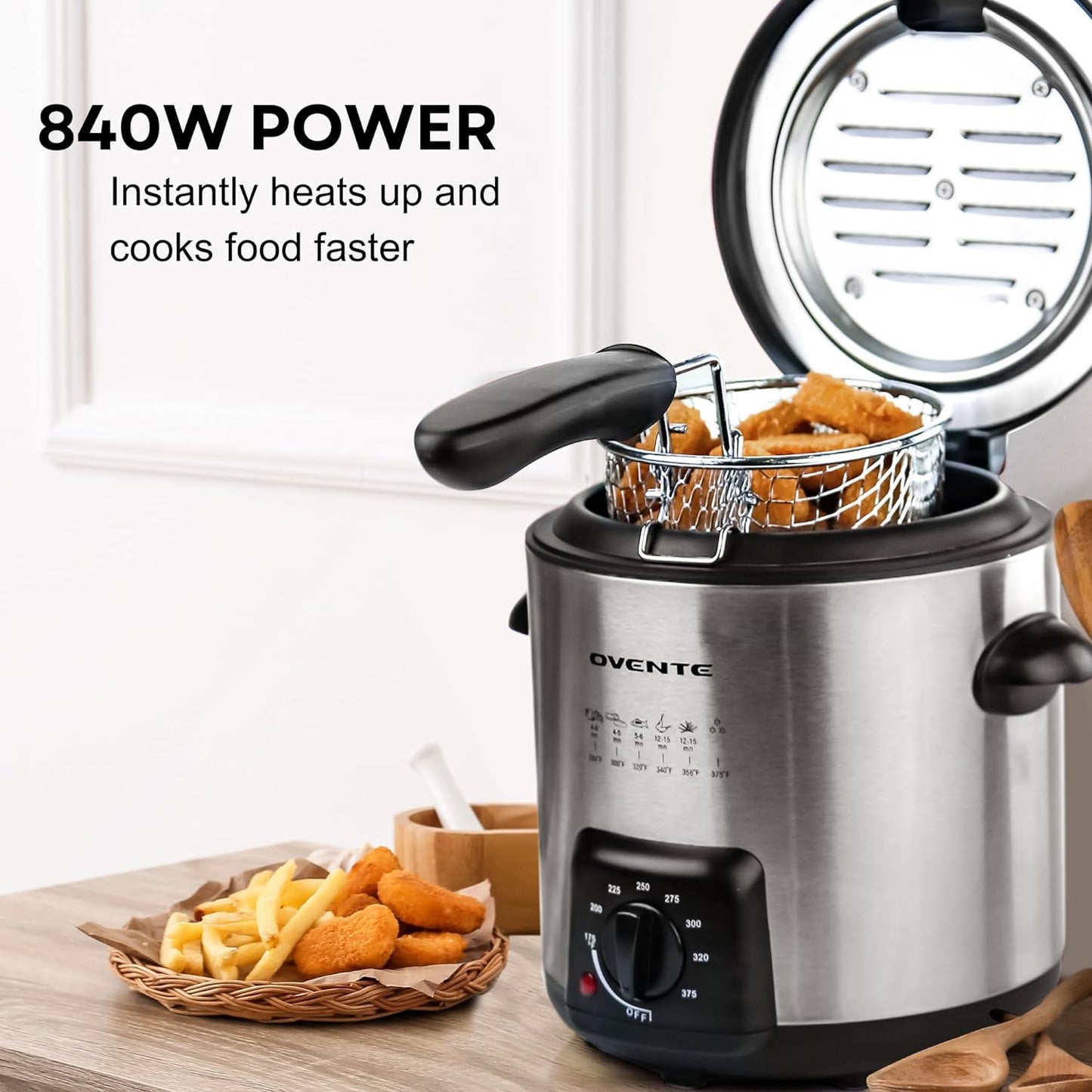OVENTE Electric Deep Fryer 2 Liter Capacity, 1500 Watt Lid with Viewing Window and Odor Filter, Adjustable Temperature, Removable Frying Basket and Easy to Clean Stainless Steel Body, Silver FDM2201BR