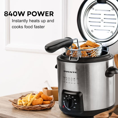 OVENTE Electric Deep Fryer 2 Liter Capacity, 1500 Watt Lid with Viewing Window and Odor Filter, Adjustable Temperature, Removable Frying Basket and Easy to Clean Stainless Steel Body, Silver FDM2201BR