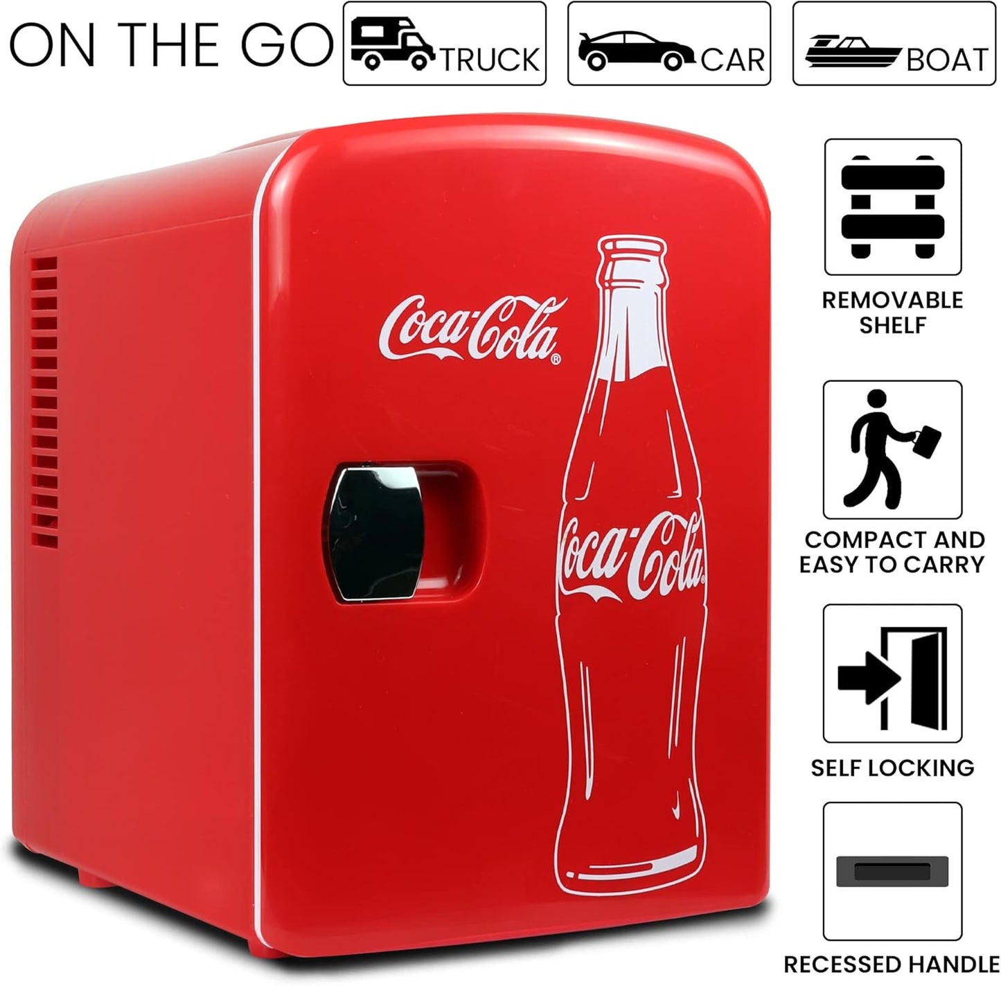Coca-Cola Classic Coke Bottle 4L Mini Fridge w/ 12V DC and 110V AC Cords, 6 Can Portable Cooler, Personal Travel Refrigerator for Snacks Lunch Drinks Cosmetics, Desk Home Office Dorm, Red