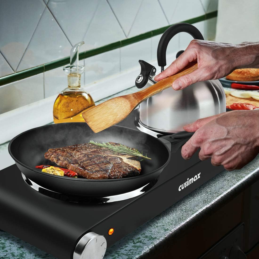 CUSIMAX Electric Hot Plate for Cooking Portable Single Burner 1500W Cast Iron hot plates Heat-up in Seconds Adjustable Temperature Control Stainless Steel Non-Slip Rubber Feet Upgraded Version B101