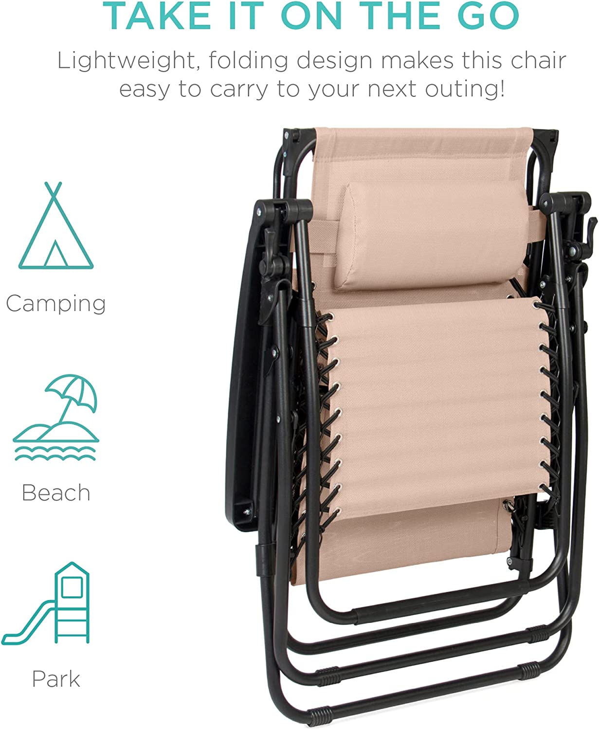 Folding Zero Gravity Outdoor Recliner Patio Lounge Chair w/Adjustable Canopy Shade, Headrest, Side Accessory Tray, Textilene Mesh - Beige