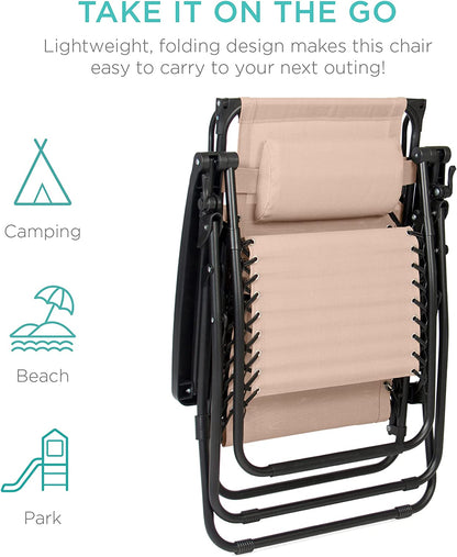 Folding Zero Gravity Outdoor Recliner Patio Lounge Chair w/Adjustable Canopy Shade, Headrest, Side Accessory Tray, Textilene Mesh - Beige