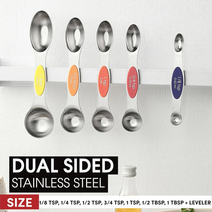 Spring Chef Magnetic Measuring Spoons Set with Strong N45 Magnets, Heavy Duty Stainless Steel Metal, Fits in Most Kitchen Spice Jars for Baking & Cooking, BPA Free, Black, Set of 8 with Leveler