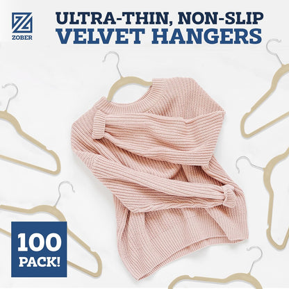 Zober Velvet Hangers 50 Pack - Heavy Duty Black Hangers for Coats, Pants & Dress Clothes - Non Slip Clothes Hanger Set - Space Saving Felt Hangers for Clothing