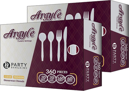 Party Bargains Disposable Cutlery set, SAPPHIRE Design, Clear Color, 360 Pieces: 180 Forks, 120 Spoons, 60 Knives