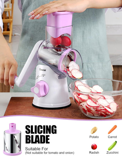 Geedel Rotary Cheese Grater, Kitchen Mandoline Vegetable Slicer with 3 Interchangeable Blades, Easy to Clean Grater for Fruit, Vegetables, Nuts